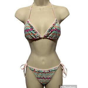 American Eagle White Floral Triangle Bikini Swimsuit Set Top Sz M Bottoms Sz S